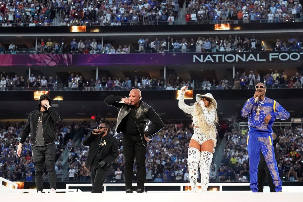 Eminem, from left, performs with Kendrick Lamar, Dr. Dre, Mary J. Blige and Snoop Dogg during halftime of the NFL Super Bowl 56