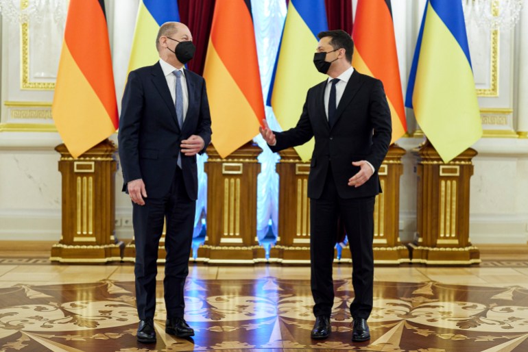 Ukrainian President Volodymyr Zelenskyy and German Chancellor Olaf Scholz are seen meeting in Kyiv