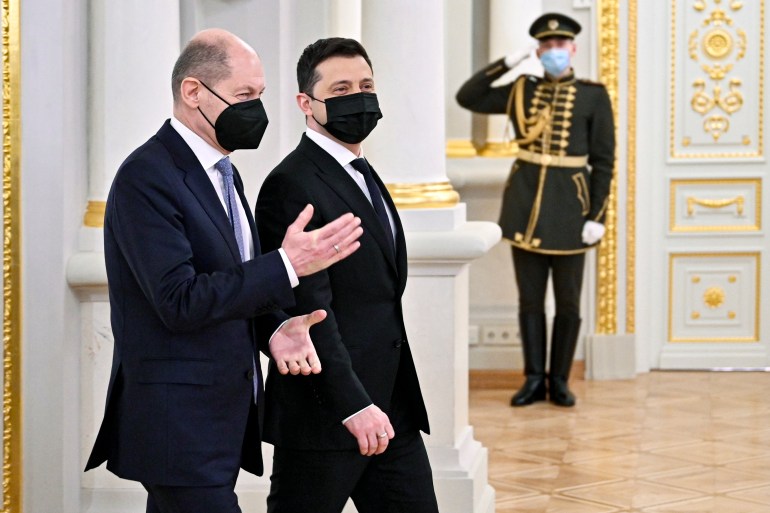 Ukrainian President Volodymyr Zelenskyy, and German chancellor Olaf Scholz