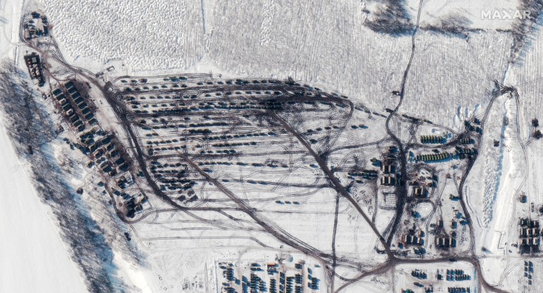 This Sunday, February 13, 2022, satellite images provided by Maxar Technologies show a close-up of a battle group being formed in Soloti, Russia, east of the border with Ukraine.  (Satellite image ©2022 Maxar Technologies via AP)