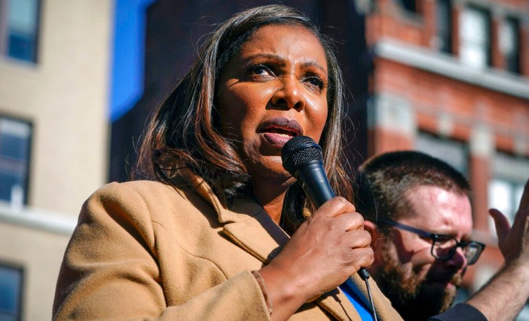 New York Attorney General Letitia James speaks during a rally in support of home care workers in New York.