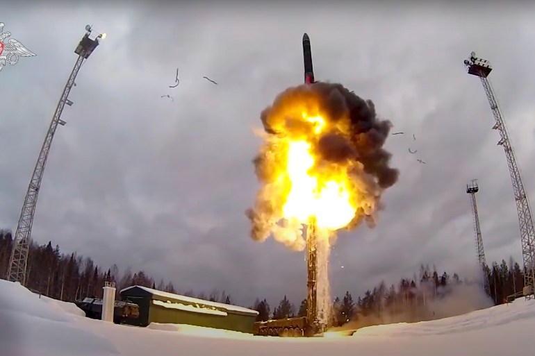 A Yars intercontinental ballistic missile is launched from an air field during military drills.