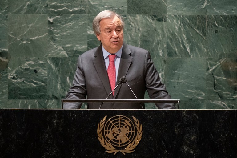 UN Secretary-General Antonio Guterres speaks at the general assembly hall