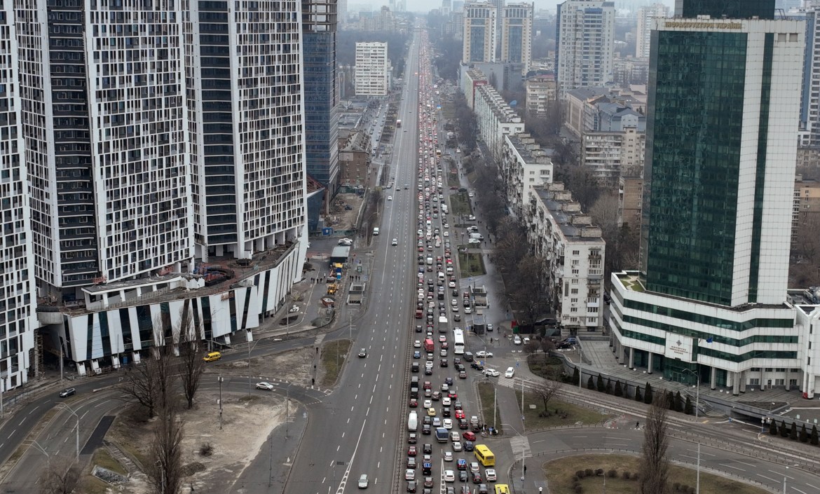 Sprawling traffic jams are seen as people attempt to flee Kyiv