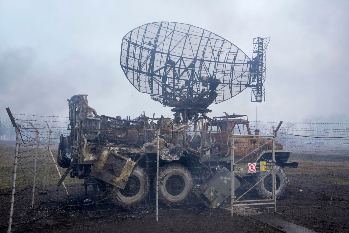 Damaged radar arrays and other equipment is seen at Ukrainian military facility outside Mariupol,