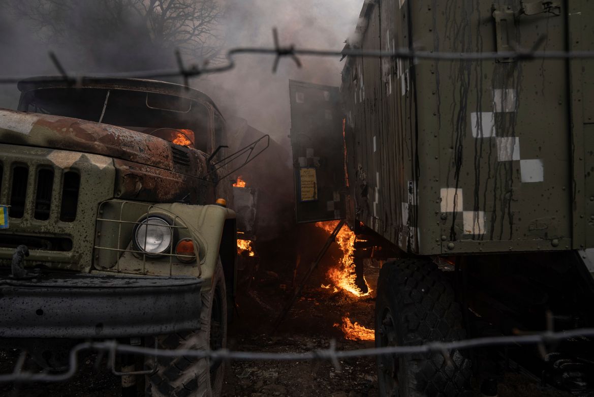 A damaged Ukrainian military facility in the aftermath of Russian shelling outside Mariupol