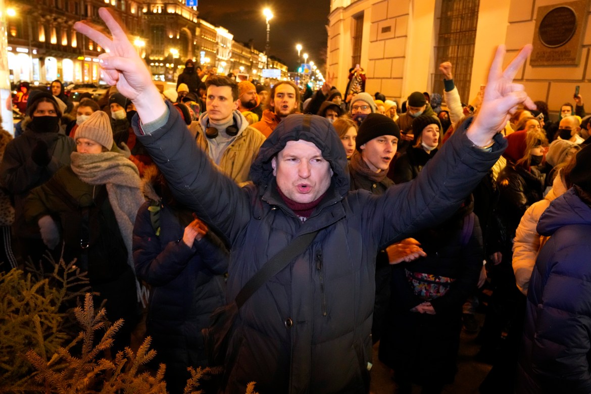 Demonstrators shout slogans in St. Petersburg