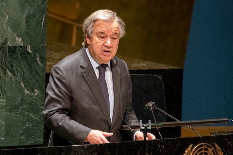 U.N. Secretary-General Antonio Guterres speaks during an emergency session of the UN General Assembly