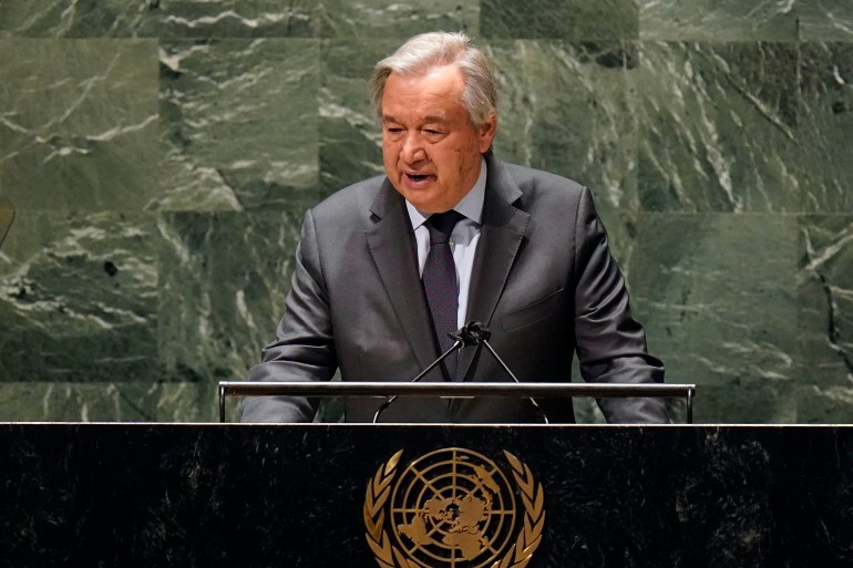 UN Secretary-General Antonio Guterres speaks during an emergency session of the UN General Assembly