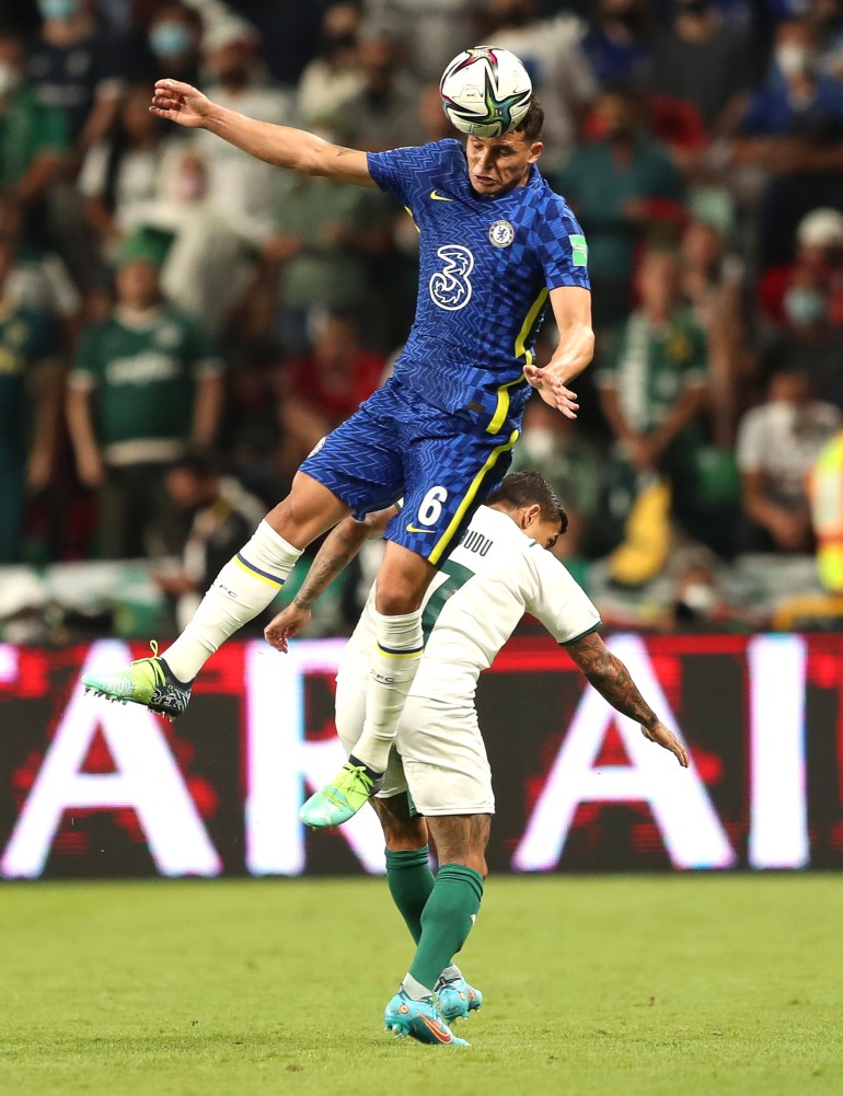 Thiago Silva of Chelsea in action against Dudu of Palmeiras during the FIFA Club World Cup 2021 final