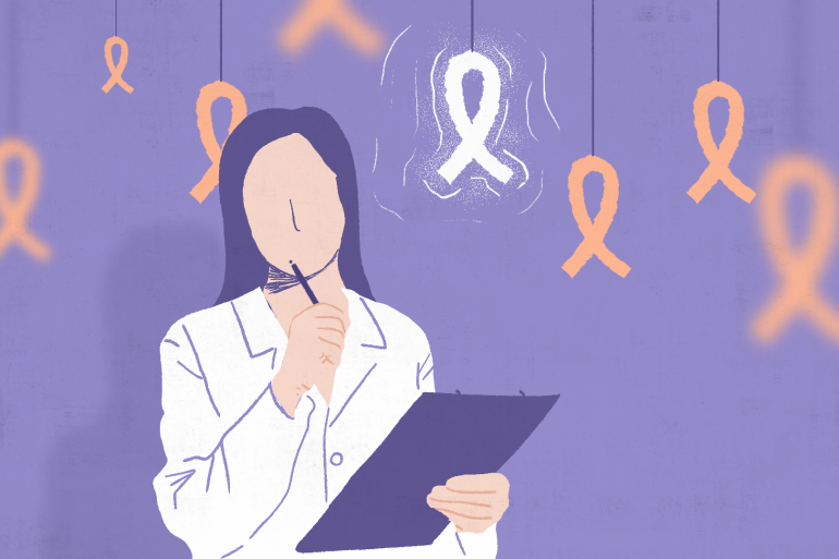 An illustration of a doctor wearing a lab coat and holding a clipboard with one hand and a pen in the other. A few HIV ribbons can be seen in the background.
