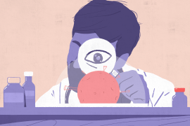 An illustration of a scientist examining a giant COVID-19 cell through a magnifying glass.