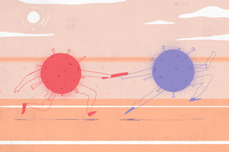 An illustration of two COVID viruses with legs and arms in a relay race. One is passing the baton to the other.
