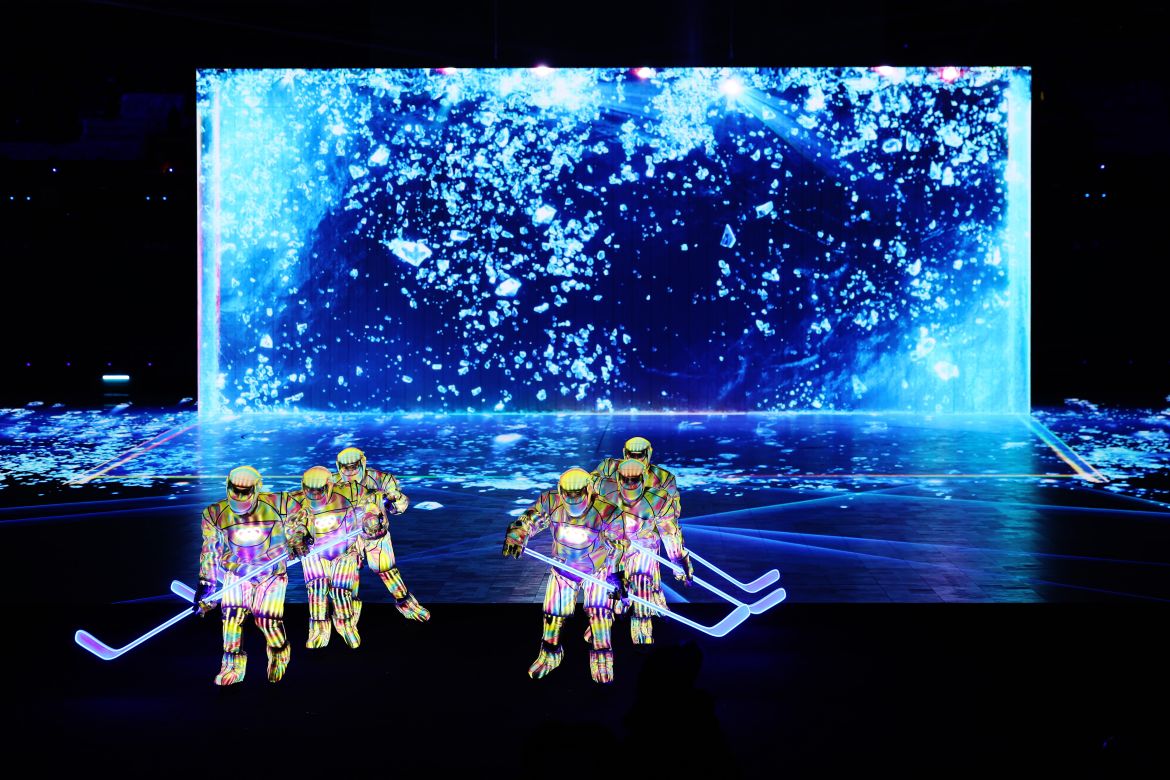 Performers dressed as hockey players perform during the Opening Ceremony of the Beijing 2022 Winter Olympics at the Beijing National Stadium on February 04, 2022 in Beijing,