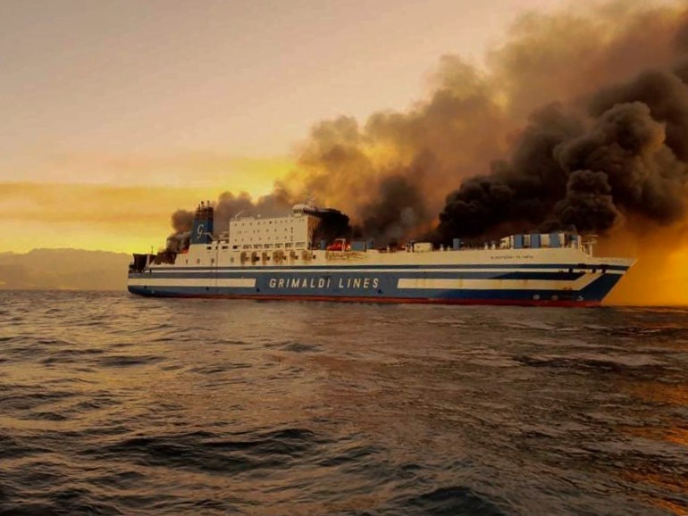 A ferry is on fire at the Ionian Sea near the island of Corfu, Greece,
