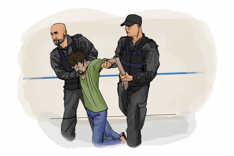 A sketch shows two enforcement officers grabbing 'Hector' by the arms and leading him away