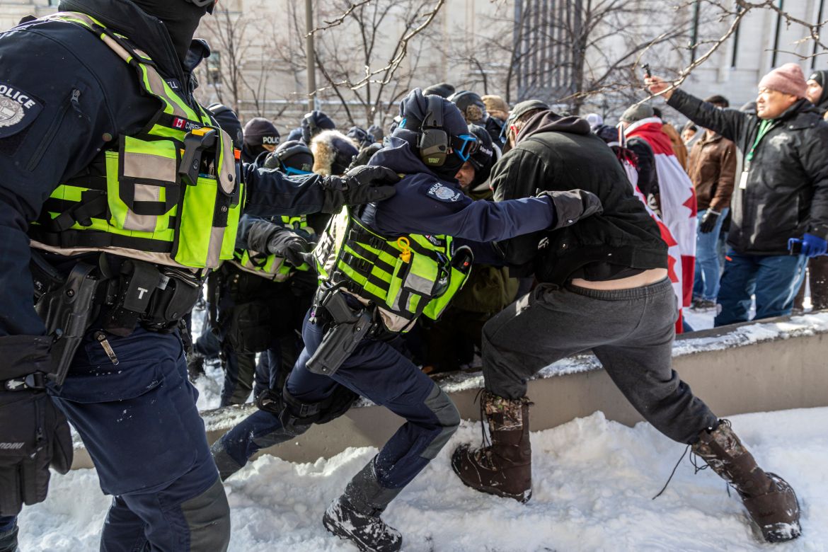 Police confront members of the 'Freedom Convoy' in Ottawa