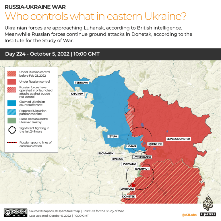 INTERACTIVE WHO CONTROLS WHAT IN EASTERN UKRAINE 1 - Ukraine takes swaths of territory, despite Russia’s mobilisation | Russia-Ukraine war News