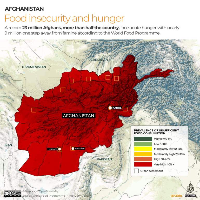 A map of Afghanistan showing areas of food stress and insecurity.