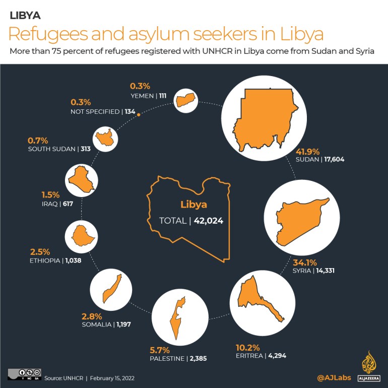 Infographic showing the countries of origins of refugees registered with UNHCR in Lybia. More than 75 percent come from Sudan and Syria. 
