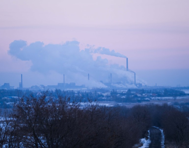 A view of the industrial landscape in Ukraine's Donetsk region