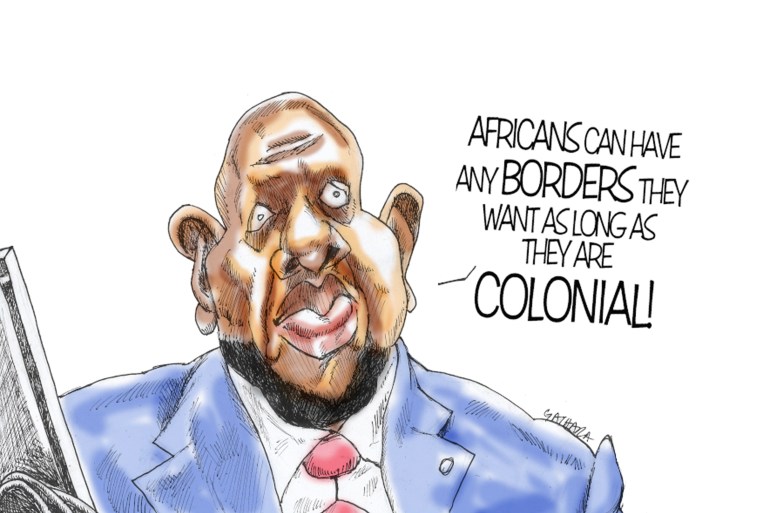 A cartoon of Kenyan Ambassador to the UN Kimani saying "Africans can have any borders they want as long as they are colonial"