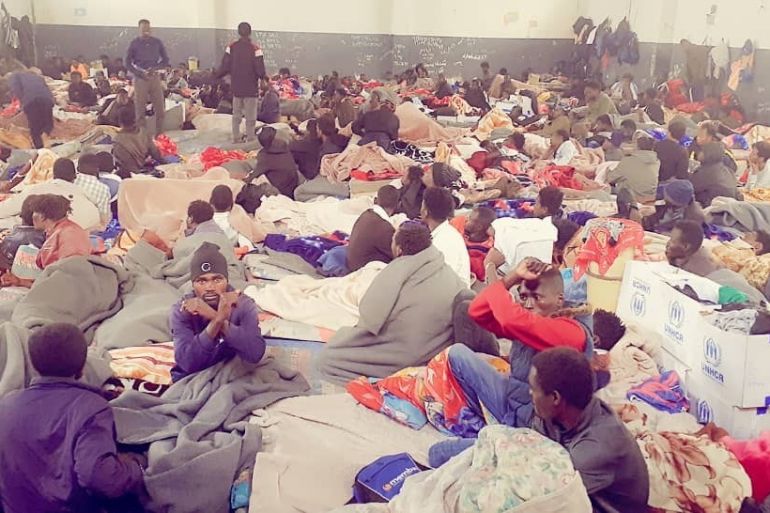 Asylum-seekers crammed in one room in the detention centre of Ain Zara in Tripoli, Libya.