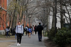 Students and pedestrians walking through Harvard Yard, Cambridge