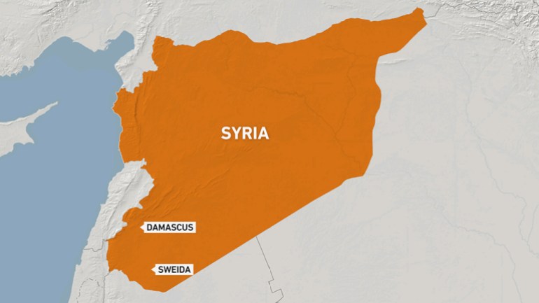 Map of Sweida and Damascus in Syria