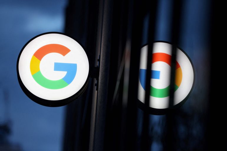 The logo for Google LLC at the Google Store Chelsea in Manhattan, New York City