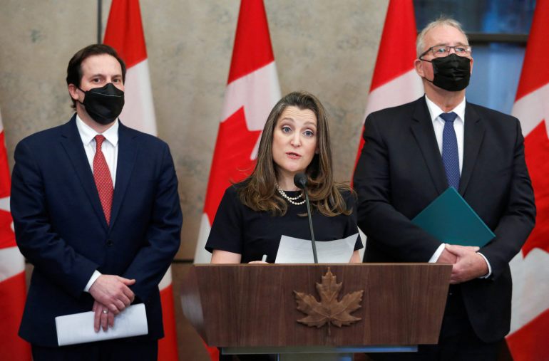 Canada's Deputy Prime Minister and Minister of Finance Chrystia Freeland speaks at a press conference