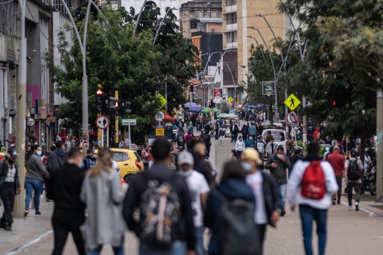 Pedestrians along a street in Bogota, Colombia
