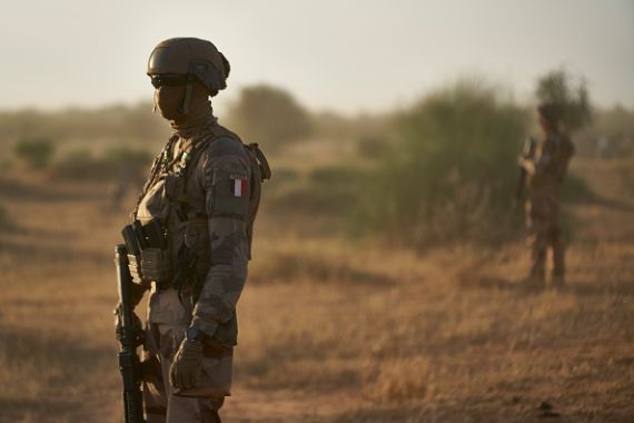 Soldiers from the French Army in the Sahel monitor a rural area during the Bourgou IV operation in northern Burkina Faso, along the border with Mali and Niger.