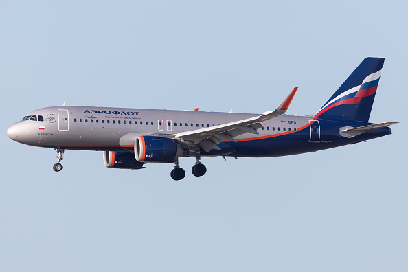 An Aeroflot Airlines of Russia Airbus A320 lands at Frankfurt Airport