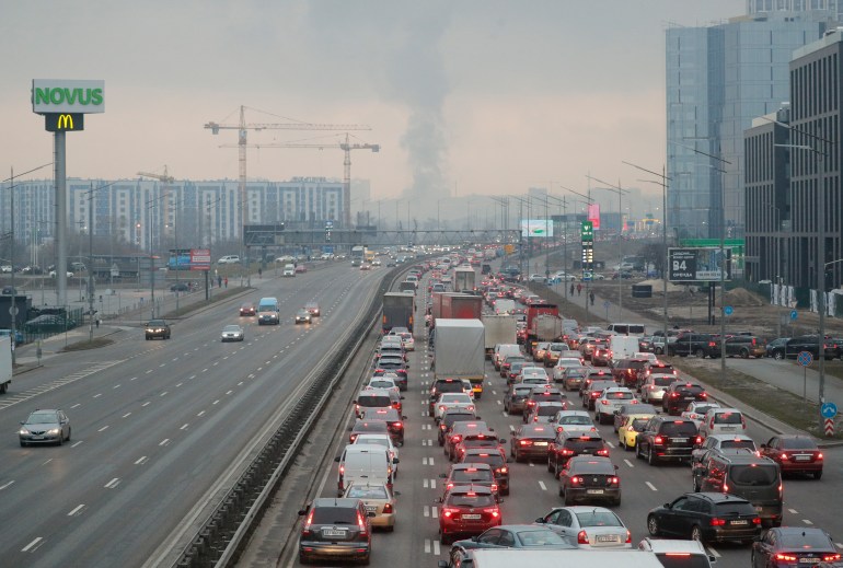 A traffic jam is seen in Kyiv
