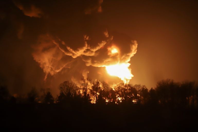 A big fire at a petroleum storage depot after a Russian missile attack, in Vasylkiv, near Kiev