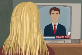 An illustration of a woman with blonde hair watching the breaking news on television.