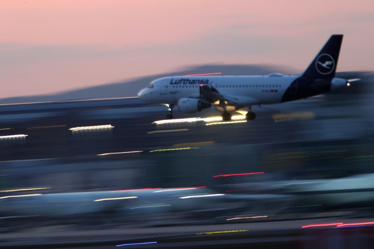 An air plane of German carrier Lufthansa lands