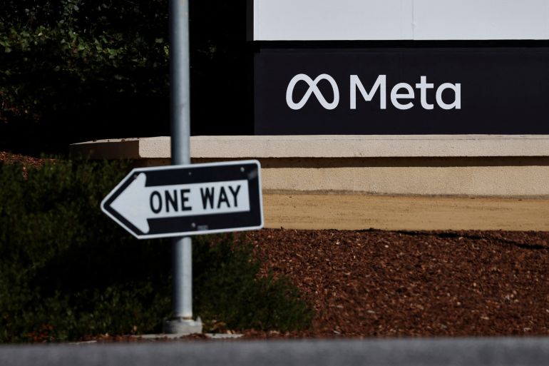 A sign of Meta, the new name for the company formerly known as Facebook, is seen at its headquarters in Menlo Park, California, United States