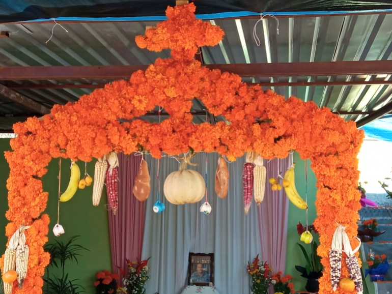 A traditional offering with corn at the center for Day of the Dead in Pátzcuaro, Michoacán, Mexico