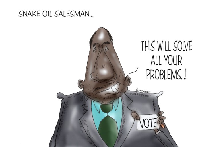 A cartoon of a man saying, "this will solve all your problems" and offering a card that says "vote".