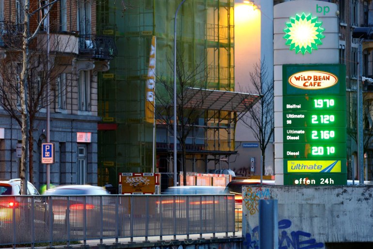 A display shows fuel prices in Swiss francs per liter at a BP gas station in Zurich, Switzerland