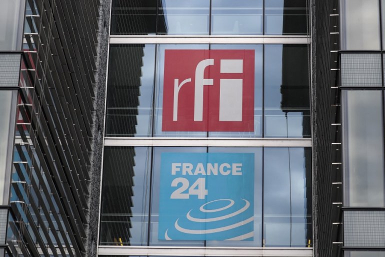 This photograph taken on April 9, 2019, shows the headquarters of French national audiovisual media company group, France Medias Monde (FMM), which includes Radio France Internationale (RFI), live news channel France 24 and Monte Carlo Doualiya (MCD), a French Arabic-speaking radio station at Issy-les-Moulineaux, near Paris