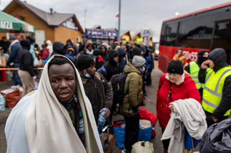Refugees from many diffrent countries - from Africa, Middle East and India - mostly students of Ukrainian universities are seen at the Medyka pedestrian border crossing fleeing the conflict in Ukraine, in eastern Poland