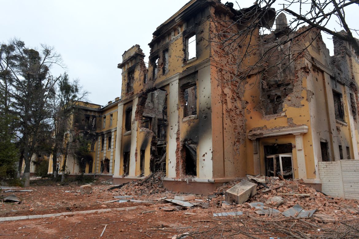 This photograph shows a view of a school destroyed as a result of fight not far from the centre of Ukrainian city of Kharkiv