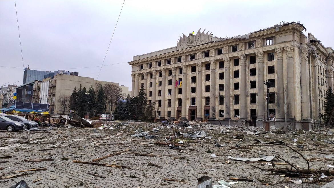 A view of the damaged headquarters of the Kharkiv administration hit by shelling in Kharkiv