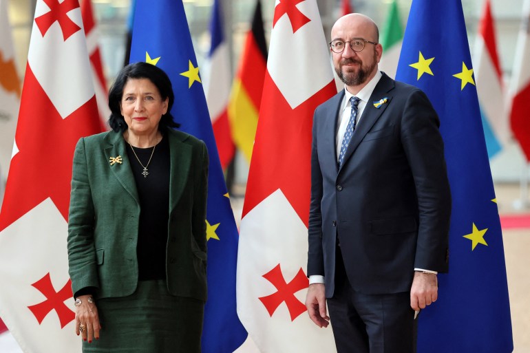 President of Georgia Salome Zourabichvili meets with the European Council President Charles Michel in Brussels, on March 1, 2022.