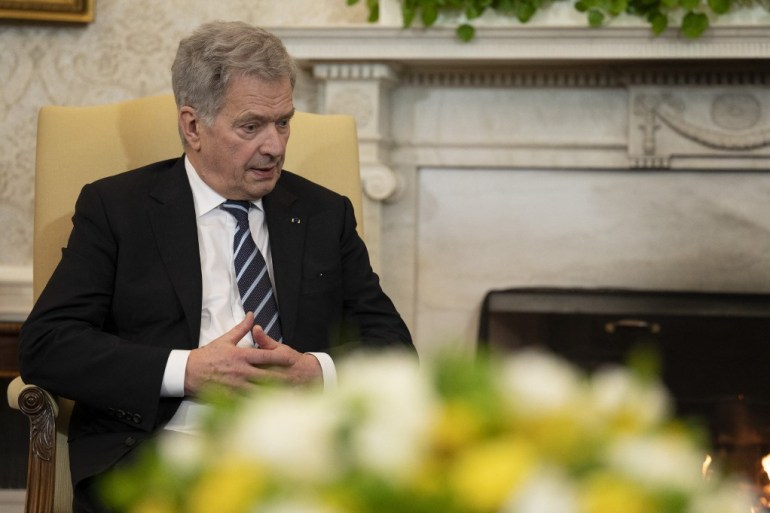 Finnish President Sauli Niinisto attends a bilateral meeting with US President Joe Biden at the White House