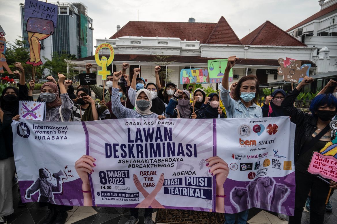 Activists take part in a demonstration for better women's rights on International Womens Day in Surabaya