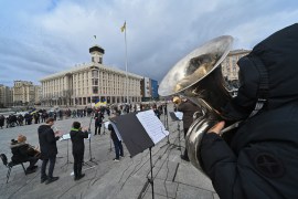 Musicians of the Kyiv-Classic Symphony Orchestra under the direction of conductor, UNESCO Peace Artist Herman Makarenko perform at Independence Square in Kyiv